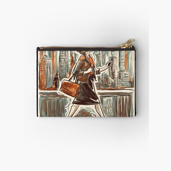 Item preview, retro brown costume woman walking against big city backdrop doodle lineart designed and sold by EmeraldeaArt.