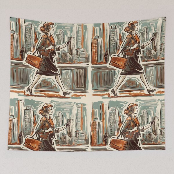 Item preview, retro brown costume woman walking against big city backdrop doodle lineart designed and sold by EmeraldeaArt.