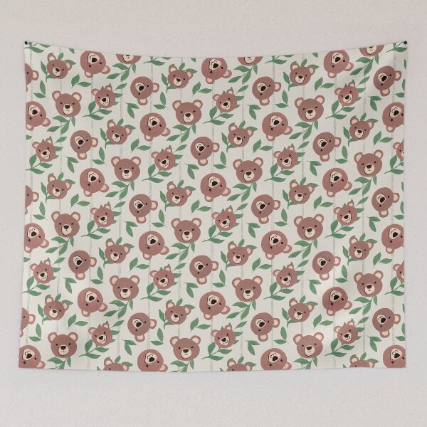 Item preview, Cute Bears in Nature Wilderness Leaves and Stripes Background - Light Beige designed and sold by JasmineGDesigns.