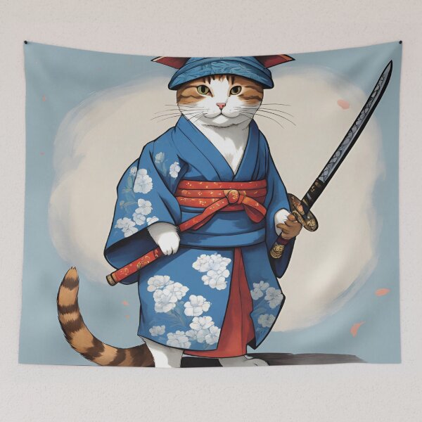 Item preview, samurai cat in blue kimono designed and sold by FunkyBeaver.