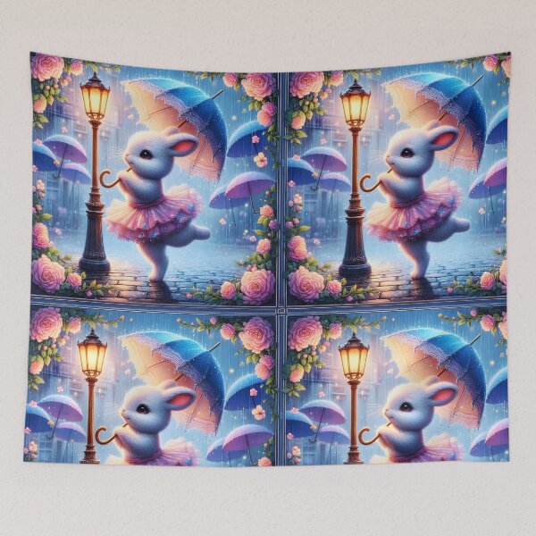 Item preview, cute dancing white bunny in the rain with blue umbrella wearing pink skirt at a lampoost pink florals during a rainfall digitalart designed and sold by EmeraldeaArt.