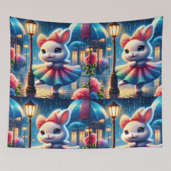 Item preview, Adorable white rabbit in sparkling skirt dancing in the rain on street with lamppost florals hydrangeas umbrellas digitalartrals during a rainfall digitalart designed and sold by EmeraldeaArt.