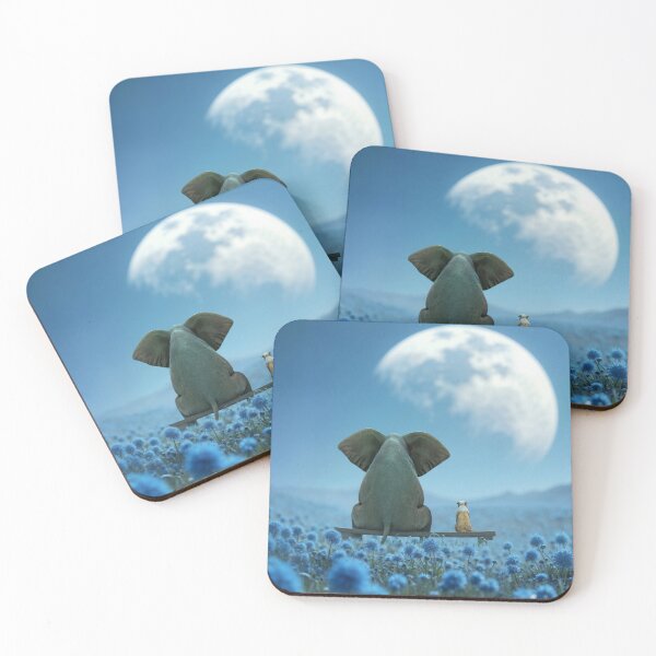 Item preview, an elephant and a dog are sitting in a flowering field and looking at the moon designed and sold by Mike Kiev art.