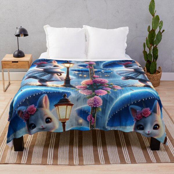 Item preview, Bunny with pink flowers on head wearing blue glimmering skirt and has a blue umbrella dancing in a rainfall digitalart designed and sold by EmeraldeaArt.