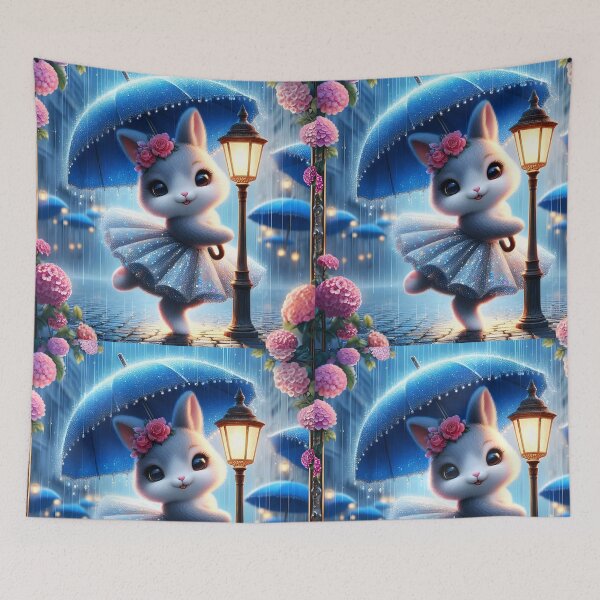 Item preview, Bunny with pink flowers on head wearing blue glimmering skirt and has a blue umbrella dancing in a rainfall digitalart designed and sold by EmeraldeaArt.