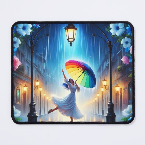 Item preview, long hair girl in white dress dancing in the rain on street with a rainbow umbrella surrounded by blue flowers heavy rainfall digitalart  designed and sold by EmeraldeaArt.