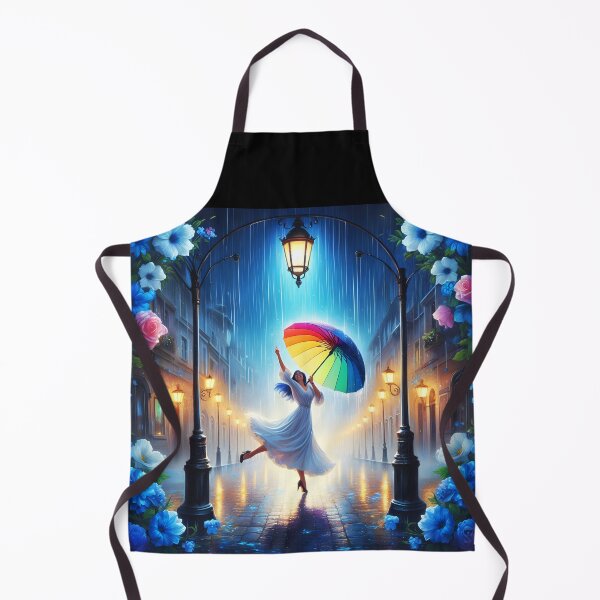 Item preview, long hair girl in white dress dancing in the rain on street with a rainbow umbrella surrounded by blue flowers heavy rainfall digitalart designed and sold by EmeraldeaArt.