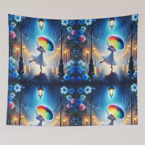 Item preview, long hair girl in white dress dancing in the rain on street with a rainbow umbrella surrounded by blue flowers heavy rainfall digitalart  designed and sold by EmeraldeaArt.