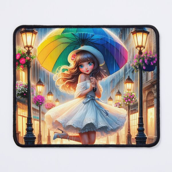 Item preview, cute cartoon girl in white with rainbow colored umbrella in a dancing movement between two lampposts on street during rain designed and sold by EmeraldeaArt.