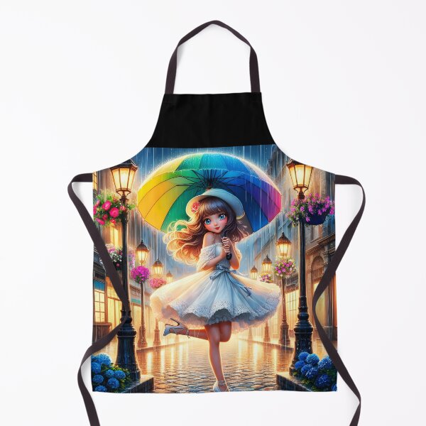 Item preview, cute cartoon girl in white with rainbow colored umbrella in a dancing movement between two lampposts on street during rain designed and sold by EmeraldeaArt.
