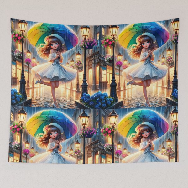 Item preview, cute cartoon girl in white with rainbow colored umbrella in a dancing movement between two lampposts on street during rain designed and sold by EmeraldeaArt.