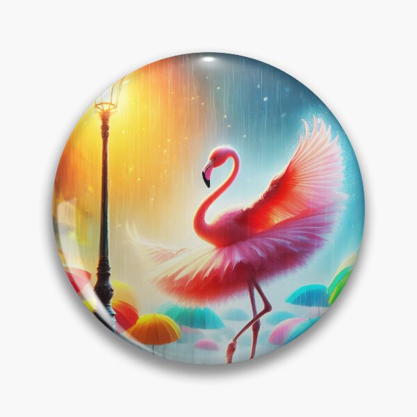 Item preview, Beautiful pink flamingo ballerina dancing on a rainy street at a lamppost among rainbow hued umbrellas digitalart designed and sold by EmeraldeaArt.