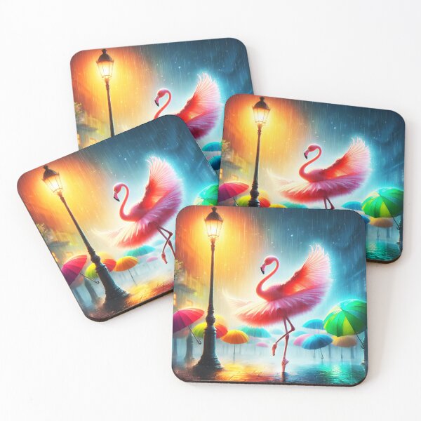 Item preview, Beautiful pink flamingo ballerina dancing on a rainy street at a lamppost among rainbow hued umbrellas digitalart designed and sold by EmeraldeaArt.