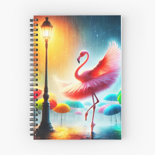 Item preview, Beautiful pink flamingo ballerina dancing on a rainy street at a lamppost among rainbow hued umbrellas digitalart designed and sold by EmeraldeaArt.