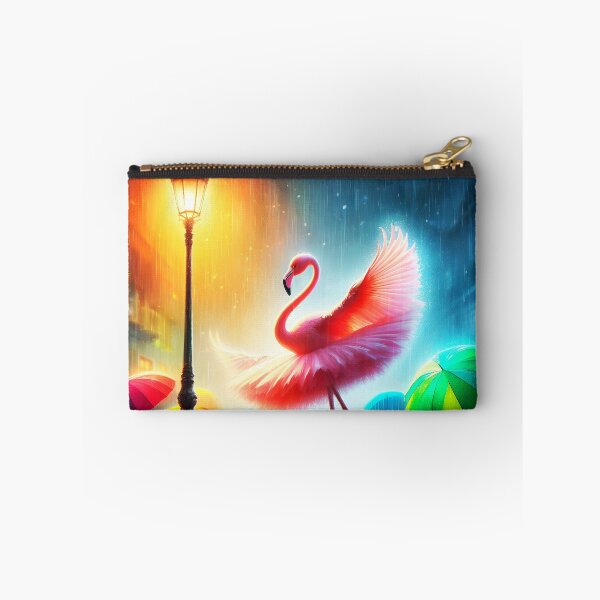 Item preview, Beautiful pink flamingo ballerina dancing on a rainy street at a lamppost among rainbow hued umbrellas digitalart designed and sold by EmeraldeaArt.