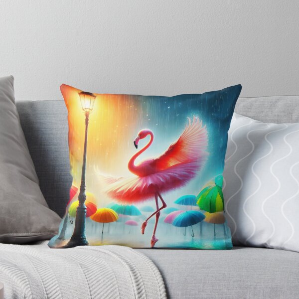 Item preview, Beautiful pink flamingo ballerina dancing on a rainy street at a lamppost among rainbow hued umbrellas digitalart designed and sold by EmeraldeaArt.