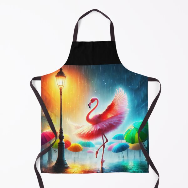 Item preview, Beautiful pink flamingo ballerina dancing on a rainy street at a lamppost among rainbow hued umbrellas digitalart designed and sold by EmeraldeaArt.