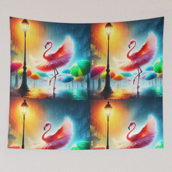 Item preview, Beautiful pink flamingo ballerina dancing on a rainy street at a lamppost among rainbow hued umbrellas digitalart designed and sold by EmeraldeaArt.