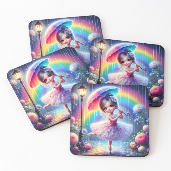 Item preview, Cartoon ballerina cute girl dancing with a colorful umbrella in a floral street during a rain shower digitalart designed and sold by EmeraldeaArt.