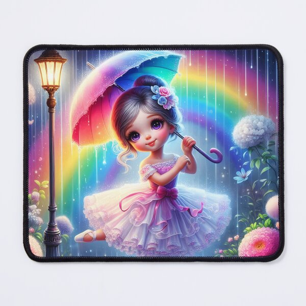 Item preview, Cartoon ballerina cute girl dancing with a colorful umbrella in a floral street during a rain shower digitalart designed and sold by EmeraldeaArt.