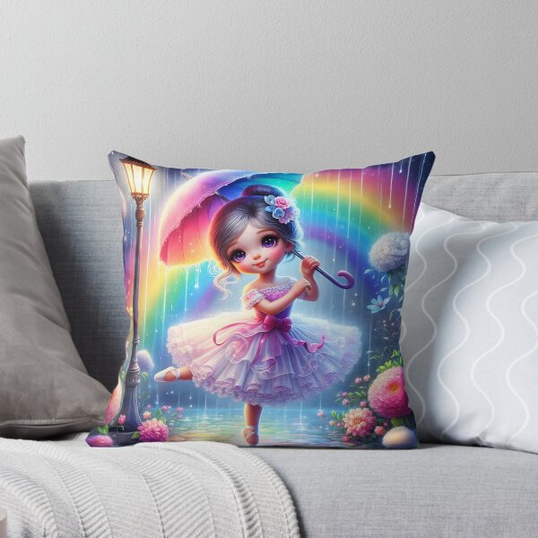 Item preview, Cartoon ballerina cute girl dancing with a colorful umbrella in a floral street during a rain shower digitalart designed and sold by EmeraldeaArt.