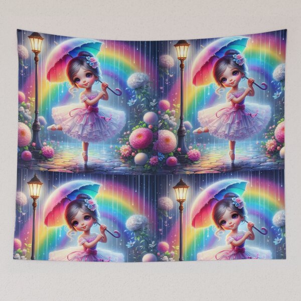 Item preview, Cartoon ballerina cute girl dancing with a colorful umbrella in a floral street during a rain shower digitalart designed and sold by EmeraldeaArt.