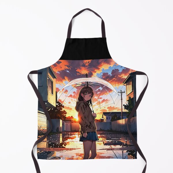 Item preview, Sweet long brown hair anime girl wearing skirt and brown pullover holding a transparent umbrella standing on wet street among buildings designed and sold by EmeraldeaArt.