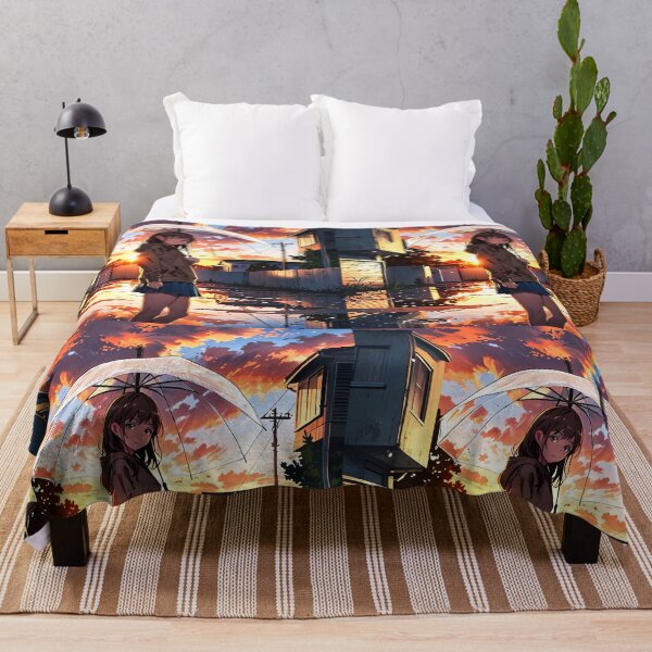 Item preview, Sweet long brown hair anime girl wearing skirt and brown pullover holding a transparent umbrella standing on wet street among buildings designed and sold by EmeraldeaArt.