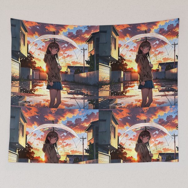 Item preview, Sweet long brown hair anime girl wearing skirt and brown pullover holding a transparent umbrella standing on wet street among buildings designed and sold by EmeraldeaArt.
