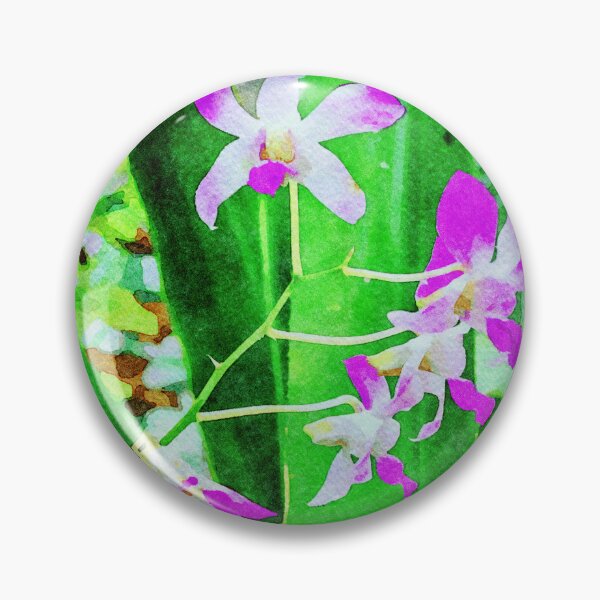 Item preview, Vibrant watercolor illustration of purple orchids on green leave designed and sold by GestaltImagery.