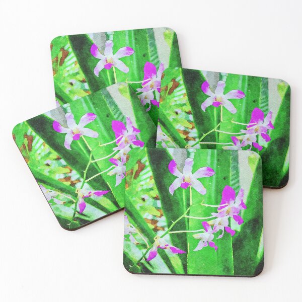 Item preview, Vibrant watercolor illustration of purple orchids on green leave designed and sold by GestaltImagery.