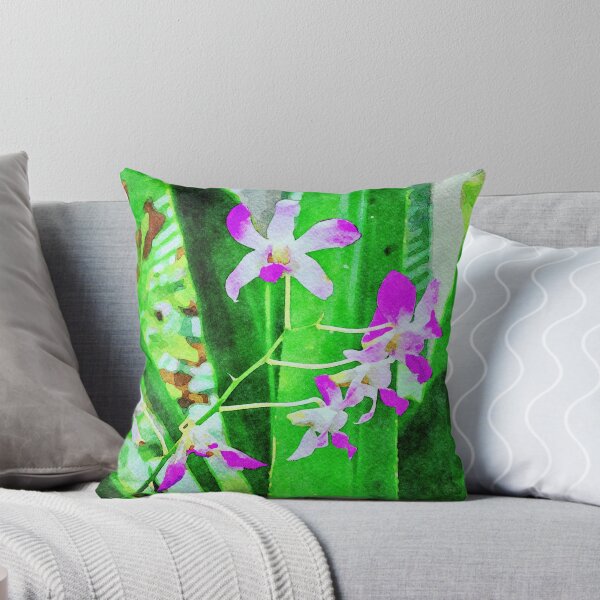 Item preview, Vibrant watercolor illustration of purple orchids on green leave designed and sold by GestaltImagery.