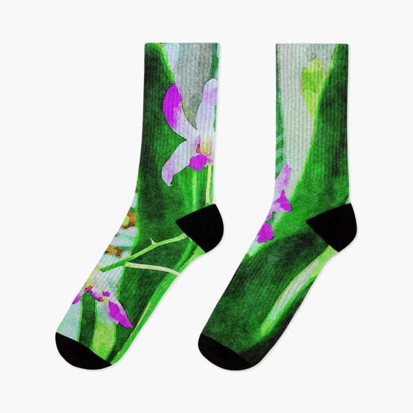 Item preview, Vibrant watercolor illustration of purple orchids on green leave designed and sold by GestaltImagery.