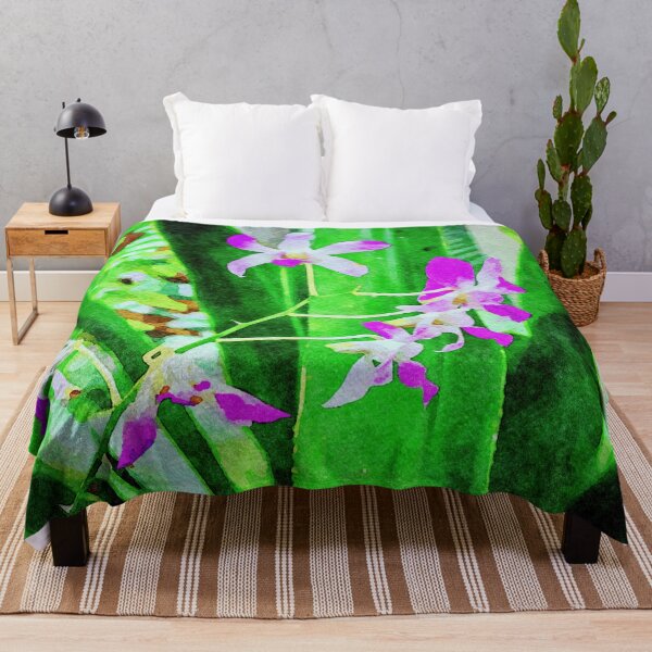Item preview, Vibrant watercolor illustration of purple orchids on green leave designed and sold by GestaltImagery.