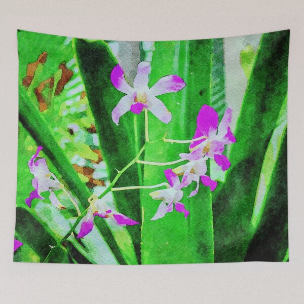 Item preview, Vibrant watercolor illustration of purple orchids on green leave designed and sold by GestaltImagery.