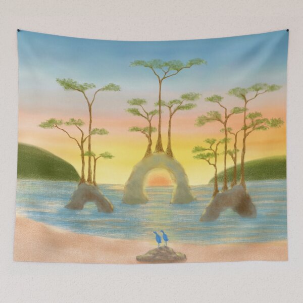 Item preview, Peaceful beach and lovely blue birds at sunrise designed and sold by greenPQBstudio.