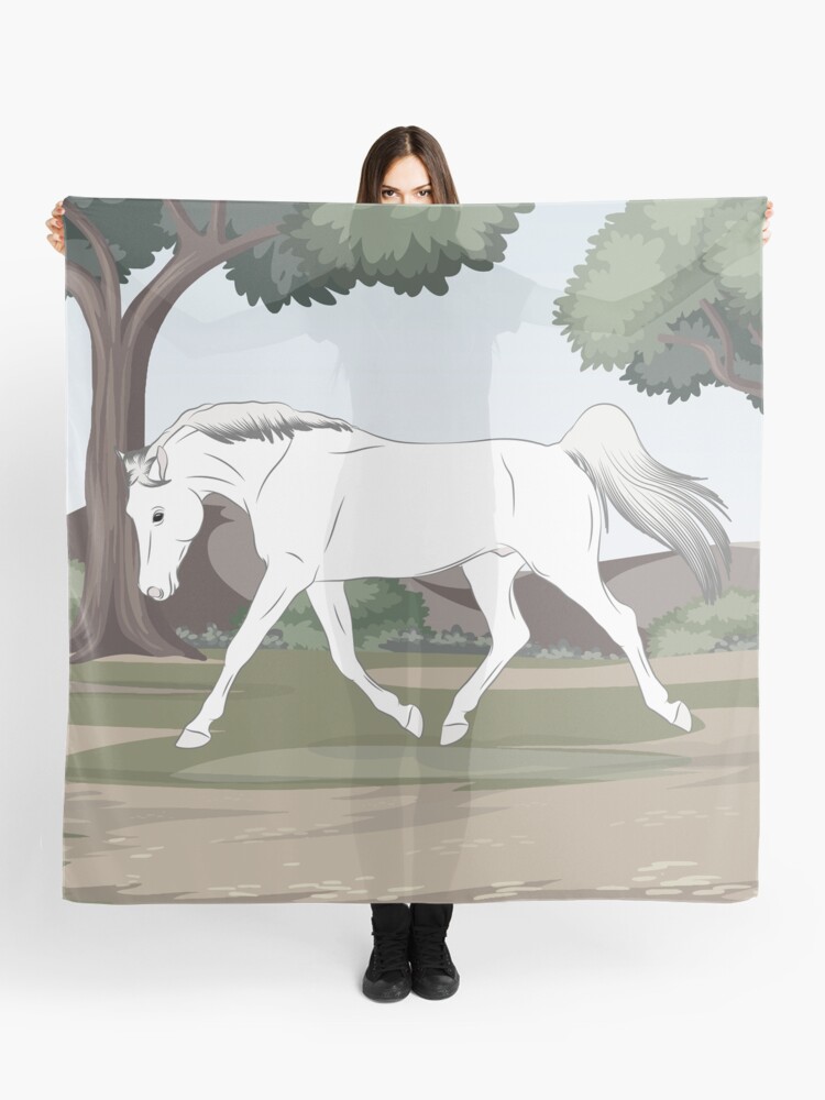 Aperçu 1 sur 3. Foulard avec l'œuvre Cheval Arabe Shagya, cheval gris sur un fond de paysage, cheval oriental, races de chevaux de la Hongrie créée et vendue par WebEquitation.