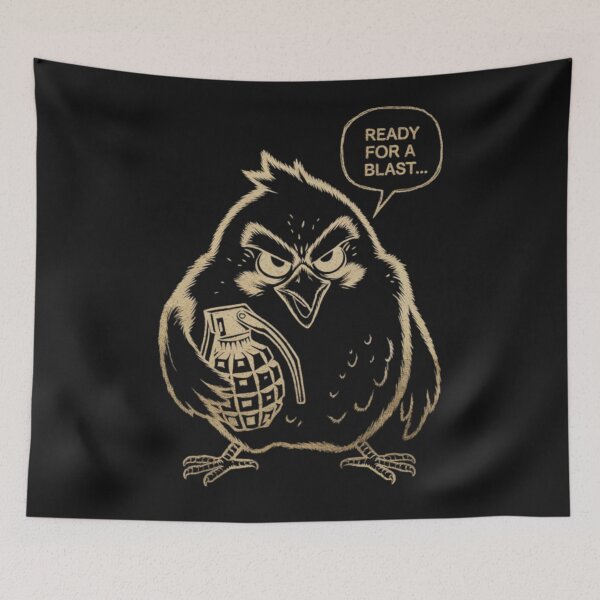 Item preview, angry bird giving the viewer a death gaze and a mischievous grin while holding a hand grenade. 'READY FOR A BLAST...? designed and sold by 123ks.