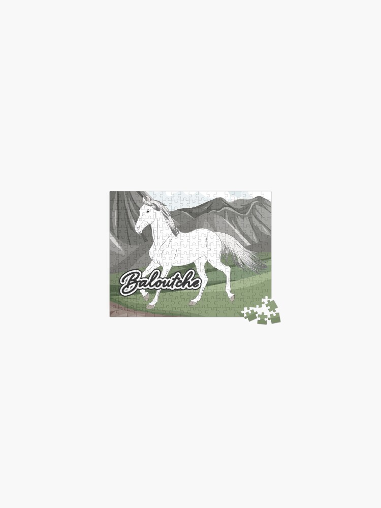 Aperçu 1 sur 2. Puzzle avec l'œuvre Cheval Baloutche, cheval blanc sur un fond de paysage, cheval de selle, races de chevaux du Pakistan créée et vendue par WebEquitation.