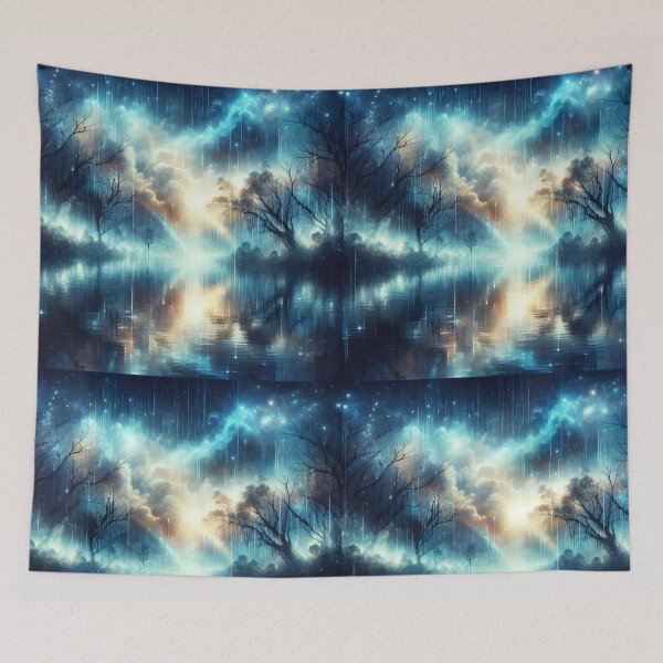 Item preview, Fantasy blue mystical rainy wet road with trees alongside reflections sparklings heavy shower digitalart designed and sold by EmeraldeaArt.
