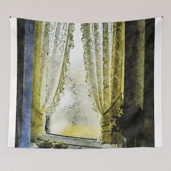 Item preview, Cozy window view with lace curtains and a tranquil setting designed and sold by GestaltImagery.
