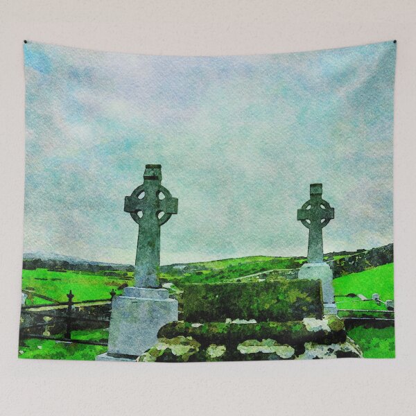 Item preview, Watercolor depiction of Rock of Cashel cemetery in Ireland's lush landscape designed and sold by GestaltImagery.