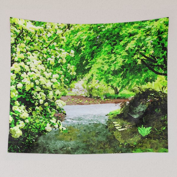 Item preview, Tranquil garden path surrounded by lush green foliage designed and sold by GestaltImagery.