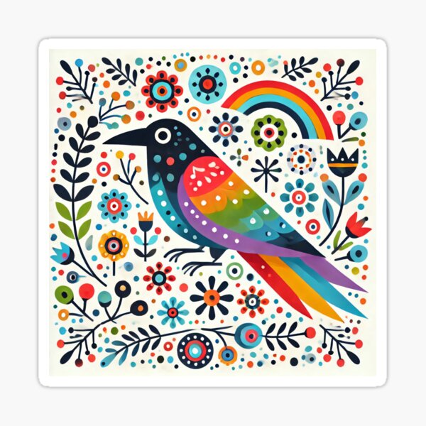 Vista previa del artículo con la obra «Cuervo arcoíris de arte popular escandinavo: detalles en rosa, azul, amarillo y negro de heidiannemorris», diseñado y vendido por FOLK ART FUSION by heidiannemorris.