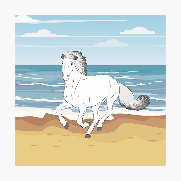 Aperçu de l'œuvre Camargue, cheval gris clair avec paysage, cheval sauvage, races de chevaux de France créée et vendue par WebEquitation®.