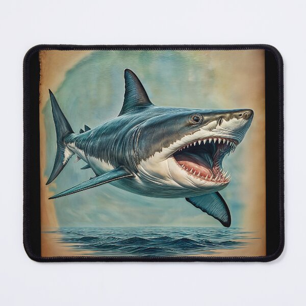 Item preview, Big shark with open jaws full of sharp teeth in grunge poster stile. designed and sold by IaroslavB.