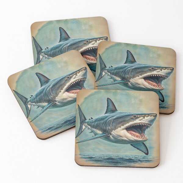 Item preview, Big shark with open jaws full of sharp teeth in grunge poster stile. designed and sold by IaroslavB.