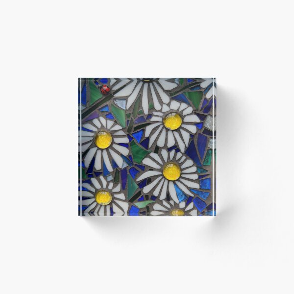 Item preview, Daisies on blue, a stained glass mosaic with a ladybird designed and sold by suespaintroom.
