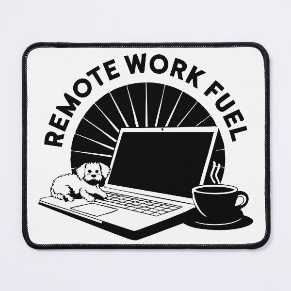 Item preview, B&W Remote Work Fuel – Laptop, Coffee, and Cute Dog Illustration designed and sold by CrownedCanvas.