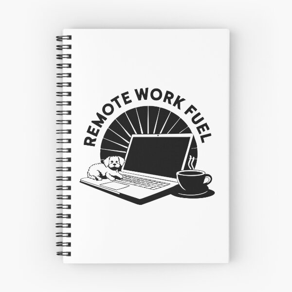 Item preview, B&W Remote Work Fuel – Laptop, Coffee, and Cute Dog Illustration designed and sold by CrownedCanvas.